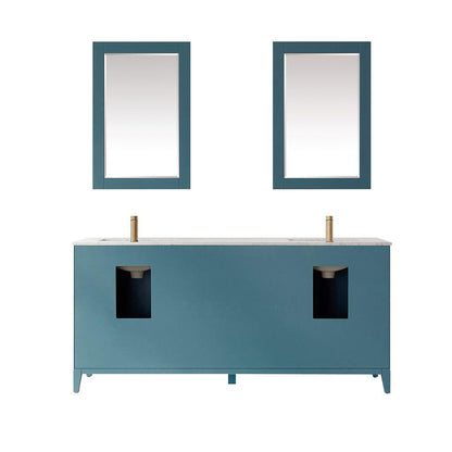 Altair Sutton 72" Double Royal Green Freestanding Bathroom Vanity Set With Mirror, Natural Carrara White Marble Two Rectangular Undermount Ceramic Sinks, and Overflow