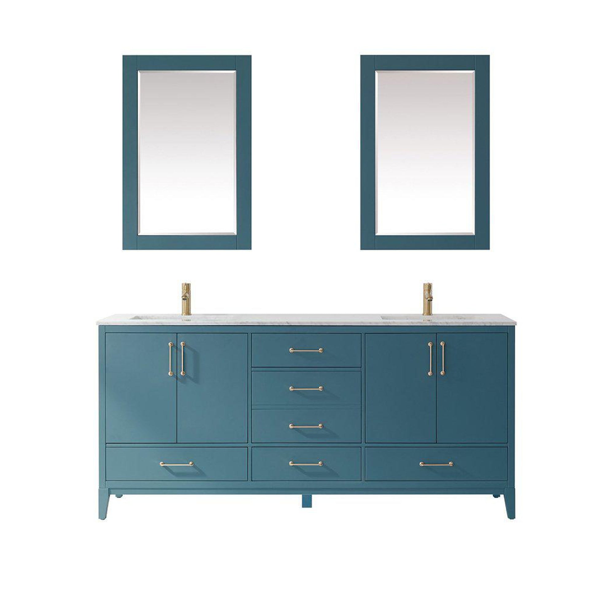 Altair Sutton 72" Double Royal Green Freestanding Bathroom Vanity Set With Mirror, Natural Carrara White Marble Two Rectangular Undermount Ceramic Sinks, and Overflow