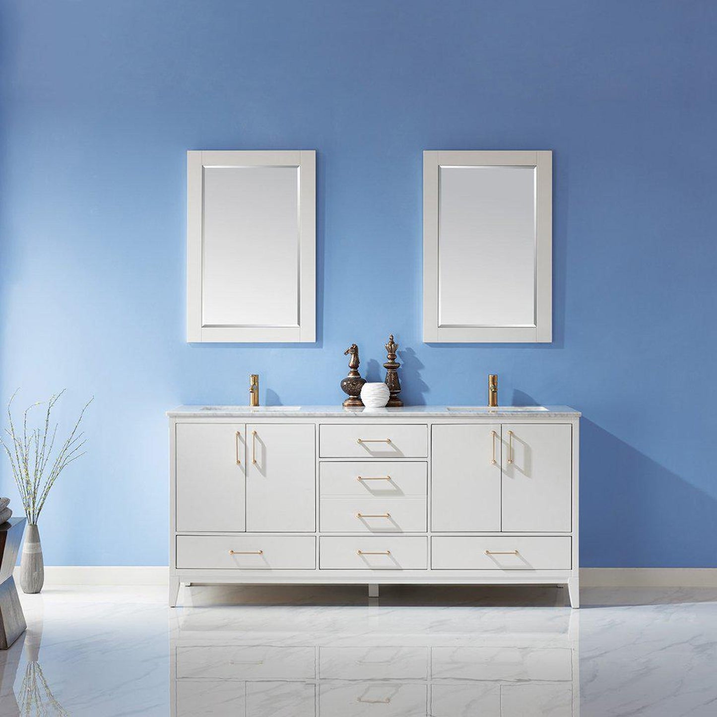 Altair Sutton 72" Double White Freestanding Bathroom Vanity Set With Mirror, Natural Carrara White Marble Two Rectangular Undermount Ceramic Sinks, and Overflow