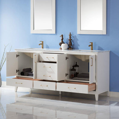 Altair Sutton 72" Double White Freestanding Bathroom Vanity Set With Mirror, Natural Carrara White Marble Two Rectangular Undermount Ceramic Sinks, and Overflow