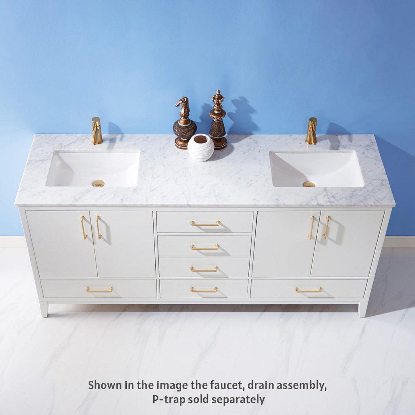 Altair Sutton 72" Double White Freestanding Bathroom Vanity Set With Natural Carrara White Marble Two Rectangular Undermount Ceramic Sinks, and Overflow