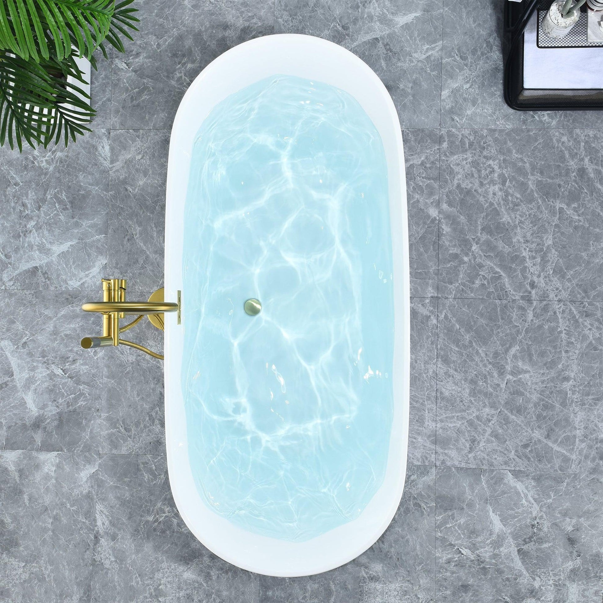 Altair Tazlar 63" x 28" White Acrylic Freestanding Bathtub With Brushed Gold Drain and Overflow