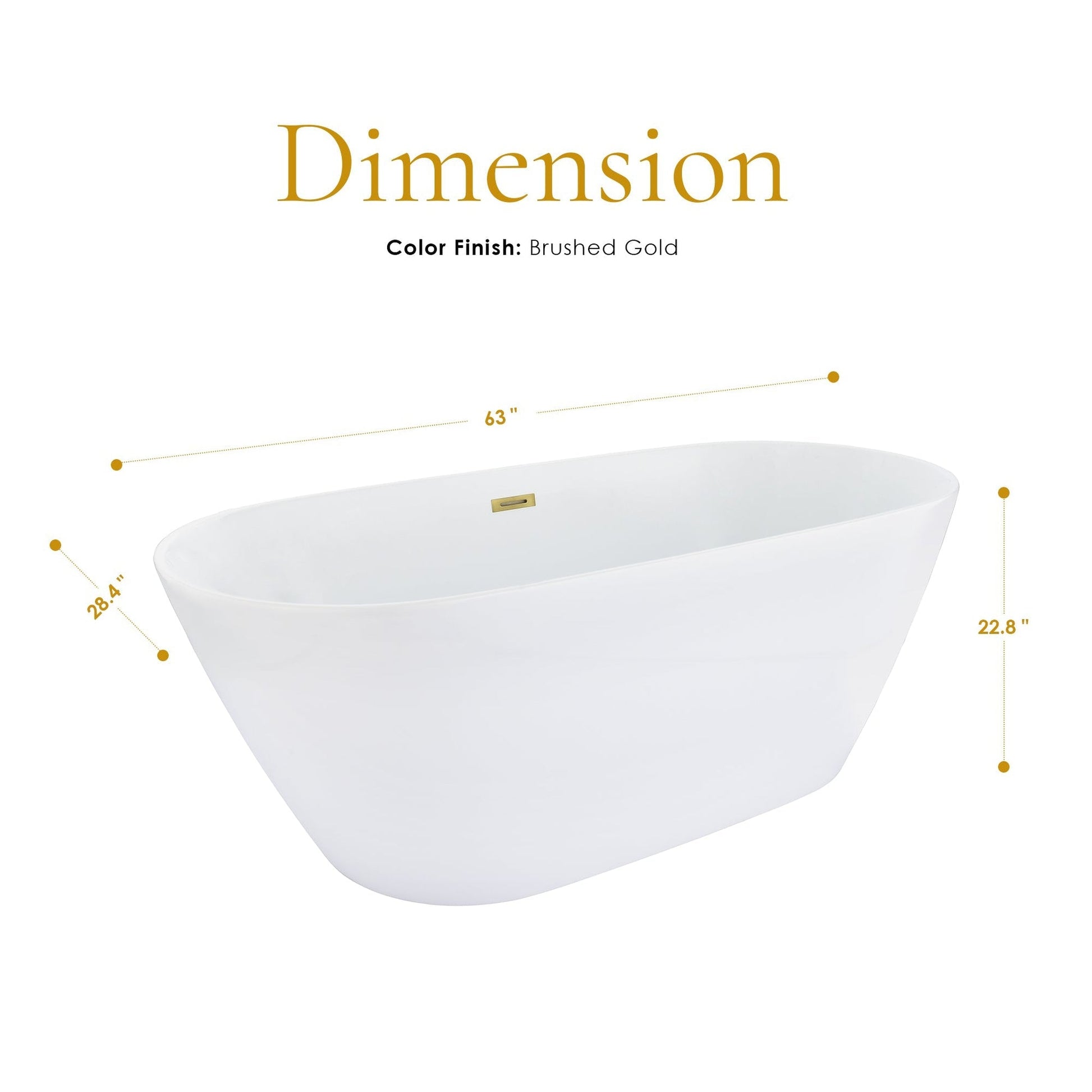 Altair Tazlar 63" x 28" White Acrylic Freestanding Bathtub With Brushed Gold Drain and Overflow