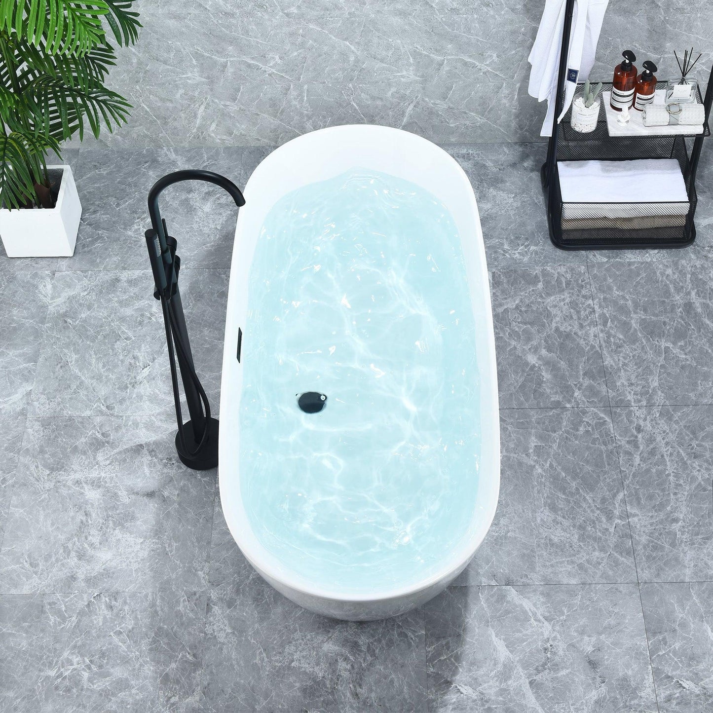 Altair Tazlar 63" x 28" White Acrylic Freestanding Bathtub With Matte Black Drain and Overflow