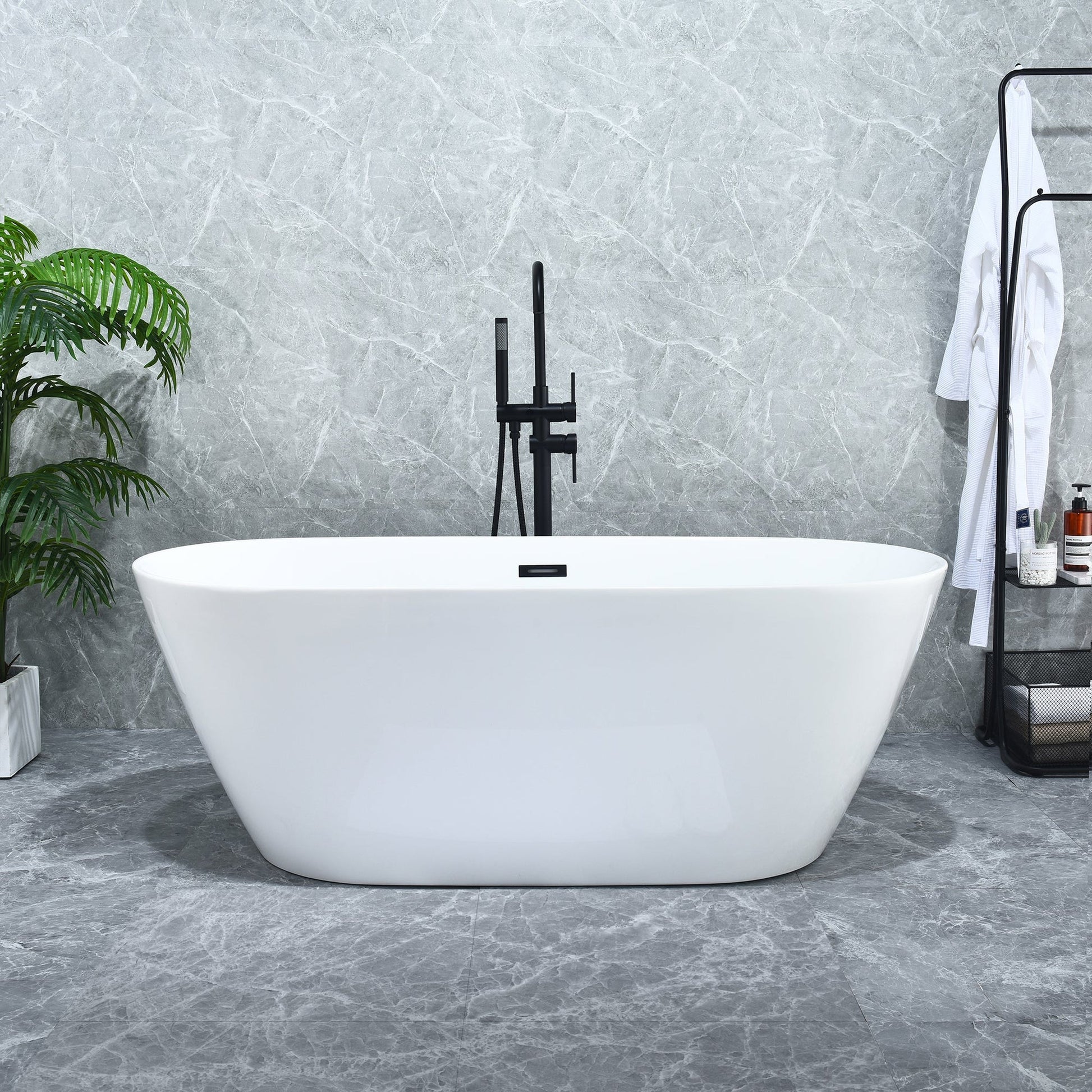 Altair Tazlar 63" x 28" White Acrylic Freestanding Bathtub With Matte Black Drain and Overflow