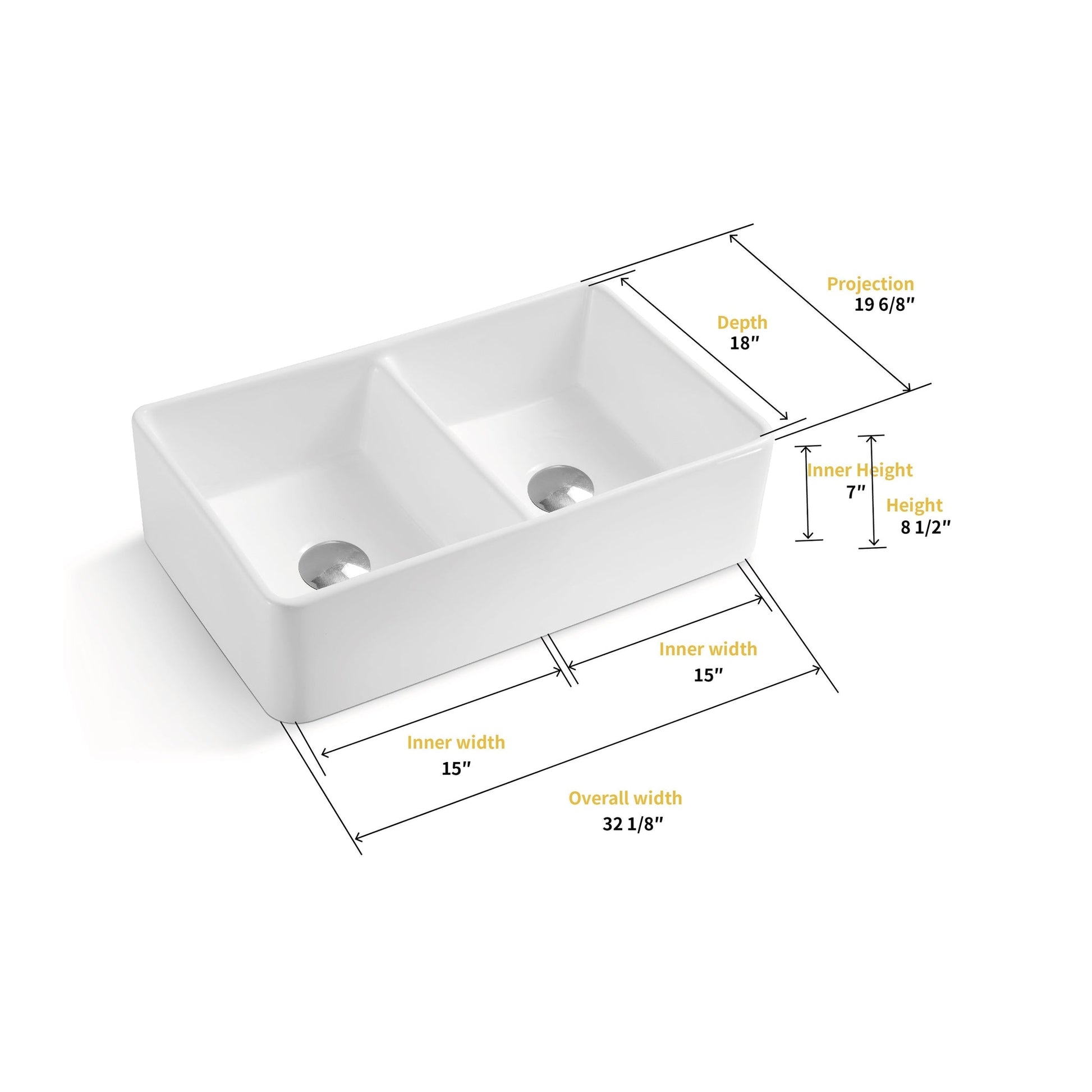 Altair Trieste 32" Rectangular White Ceramic Double Farmhouse Sink