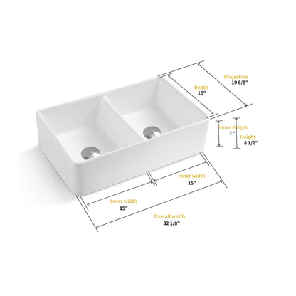 Altair Trieste 32" Rectangular White Ceramic Double Farmhouse Sink