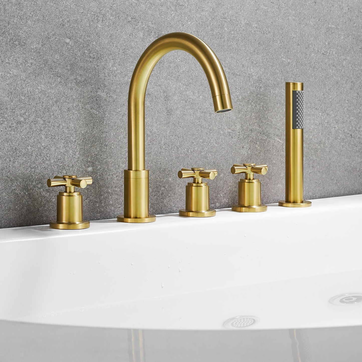 Altair Vikran Brushed Gold Triple Handle Deck-mounted Bathtub Faucet With Handshower