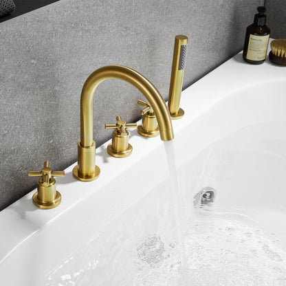 Altair Vikran Brushed Gold Triple Handle Deck-mounted Bathtub Faucet With Handshower