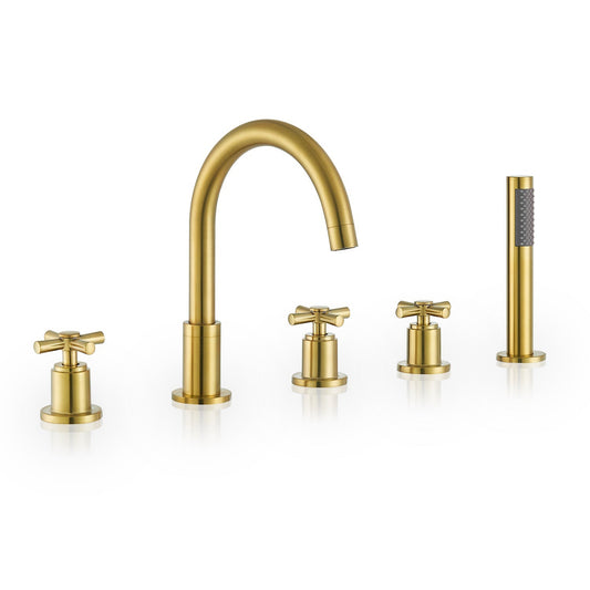 Altair Vikran Brushed Gold Triple Handle Deck-mounted Bathtub Faucet With Handshower