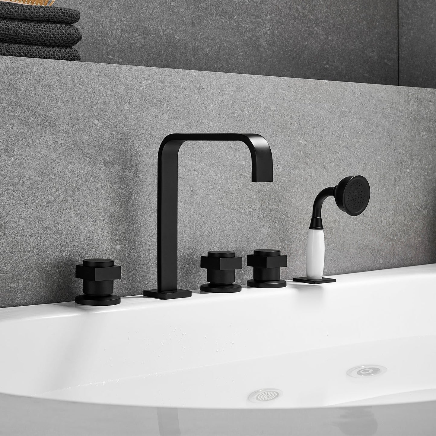 Altair Vikran Matte Black Triple Handle Deck-mounted Bathtub Faucet With Handshower