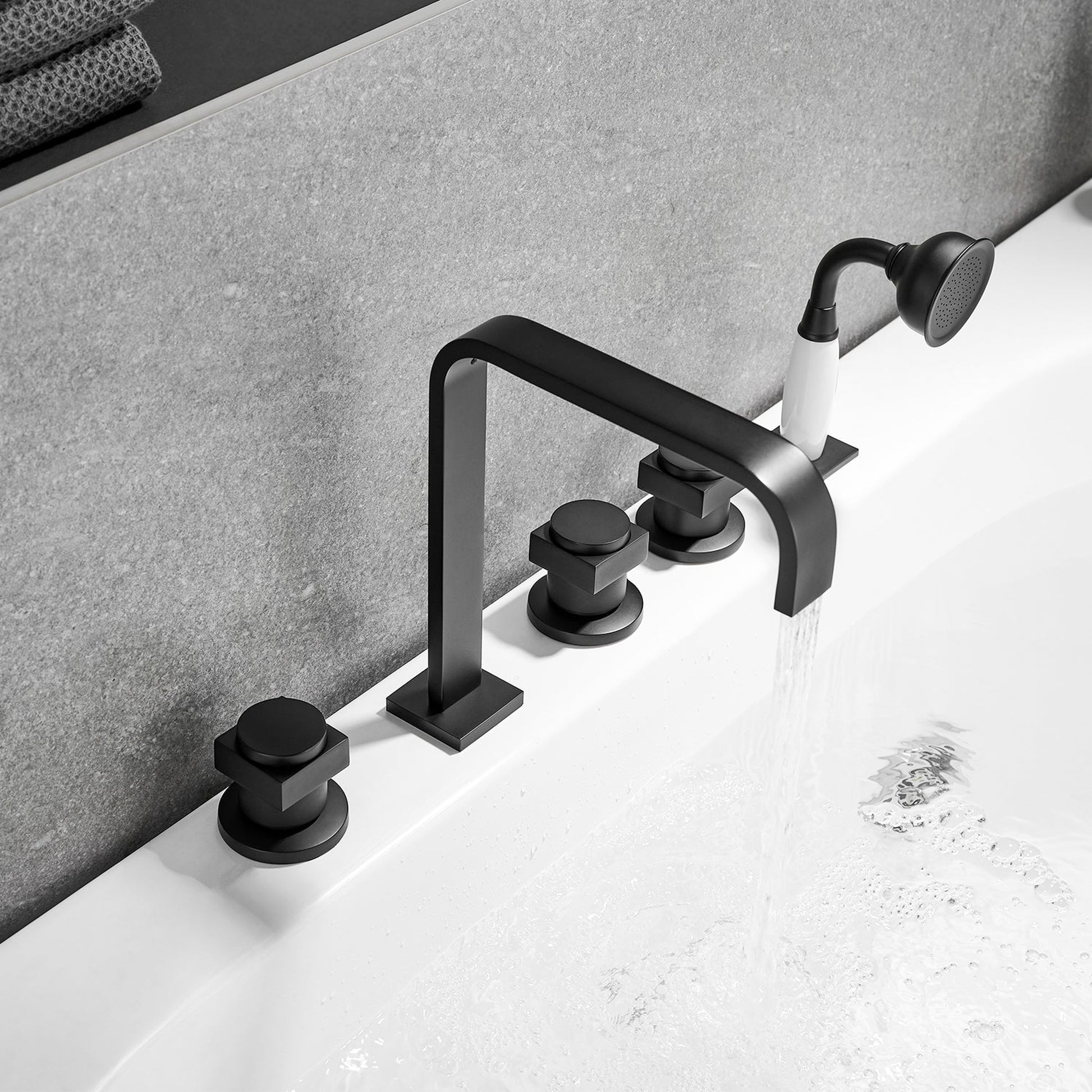 Altair Vikran Matte Black Triple Handle Deck-mounted Bathtub Faucet With Handshower