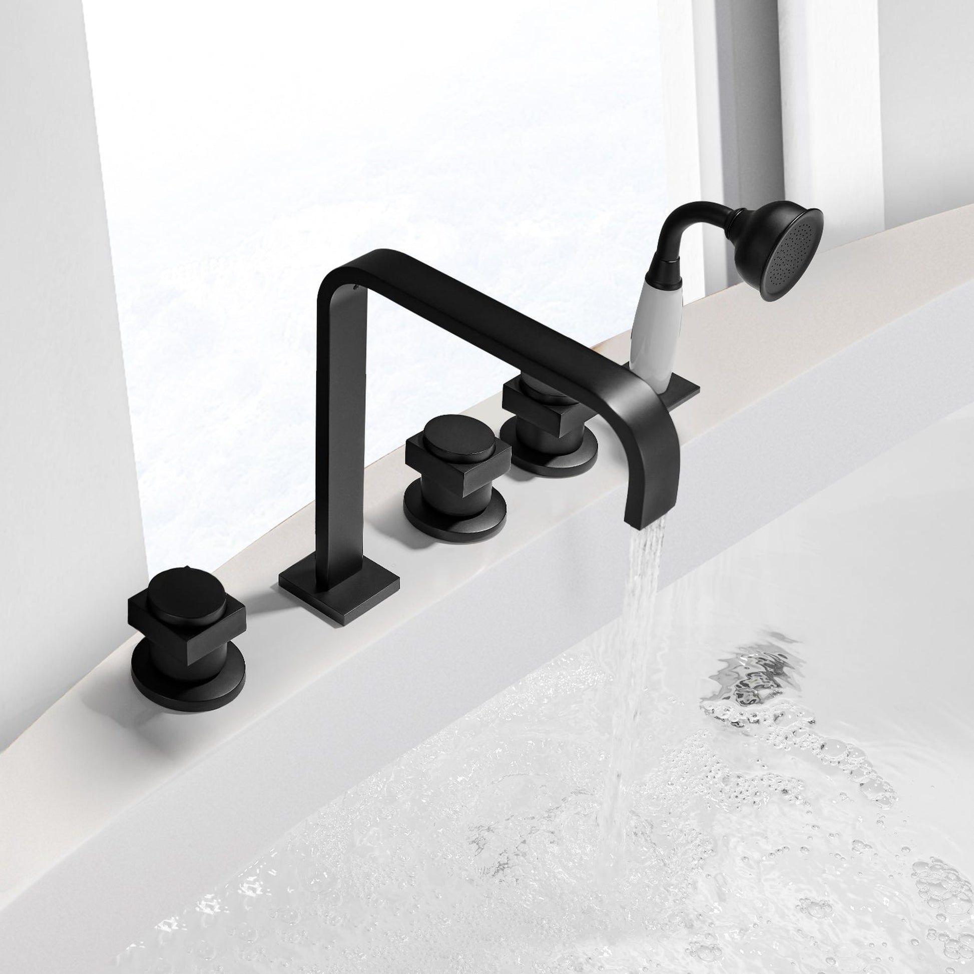 Altair Vikran Matte Black Triple Handle Deck-mounted Bathtub Faucet With Handshower