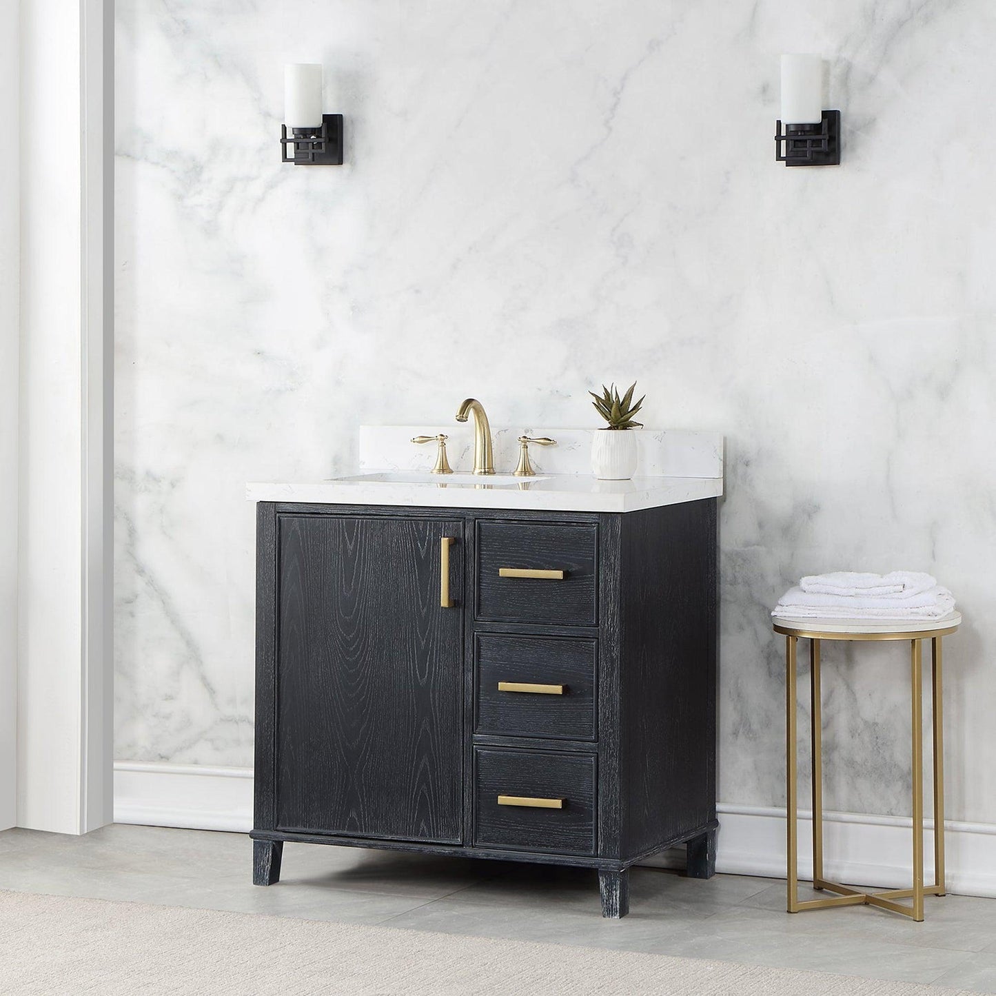 Altair Weiser 36" Black Oak Freestanding Single Bathroom Vanity Set With Aosta White Composite Stone Top, Single Rectangular Undermount Ceramic Sink, Overflow, and Backsplash