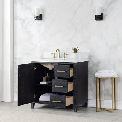 Altair Weiser 36" Black Oak Freestanding Single Bathroom Vanity Set With Aosta White Composite Stone Top, Single Rectangular Undermount Ceramic Sink, Overflow, and Backsplash