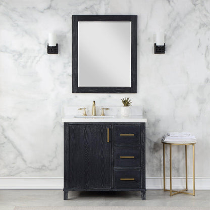 Altair Weiser 36" Black Oak Freestanding Single Bathroom Vanity Set With Mirror, Aosta White Composite Stone Top, Single Rectangular Undermount Ceramic Sink, Overflow, and Backsplash