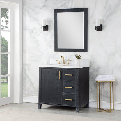 Altair Weiser 36" Black Oak Freestanding Single Bathroom Vanity Set With Mirror, Aosta White Composite Stone Top, Single Rectangular Undermount Ceramic Sink, Overflow, and Backsplash