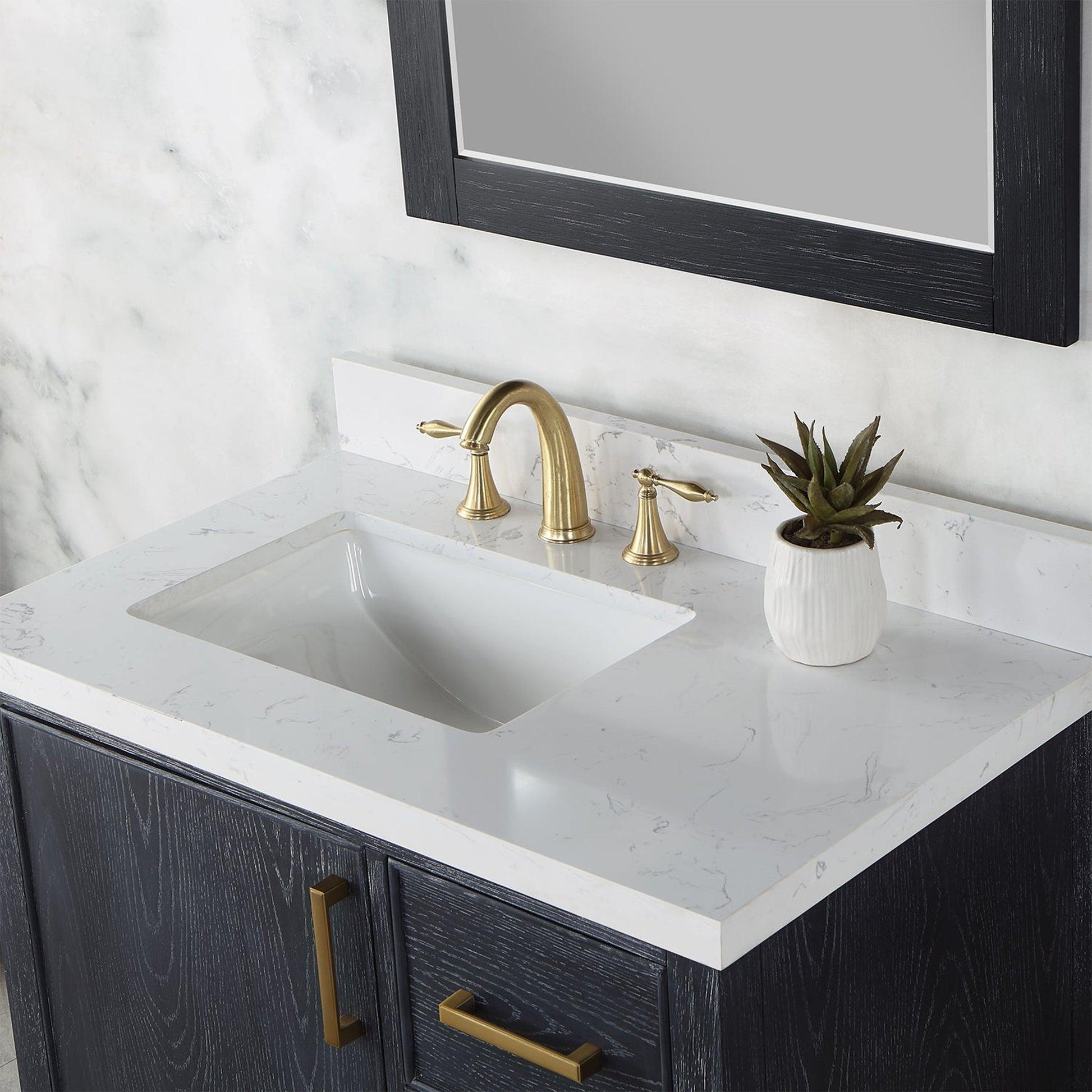 Altair Weiser 36" Black Oak Freestanding Single Bathroom Vanity Set With Mirror, Aosta White Composite Stone Top, Single Rectangular Undermount Ceramic Sink, Overflow, and Backsplash
