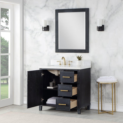 Altair Weiser 36" Black Oak Freestanding Single Bathroom Vanity Set With Mirror, Aosta White Composite Stone Top, Single Rectangular Undermount Ceramic Sink, Overflow, and Backsplash