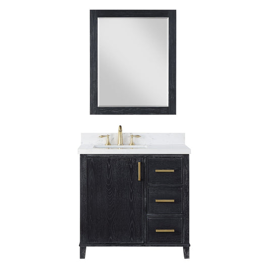 Altair Weiser 36" Black Oak Freestanding Single Bathroom Vanity Set With Mirror, Aosta White Composite Stone Top, Single Rectangular Undermount Ceramic Sink, Overflow, and Backsplash