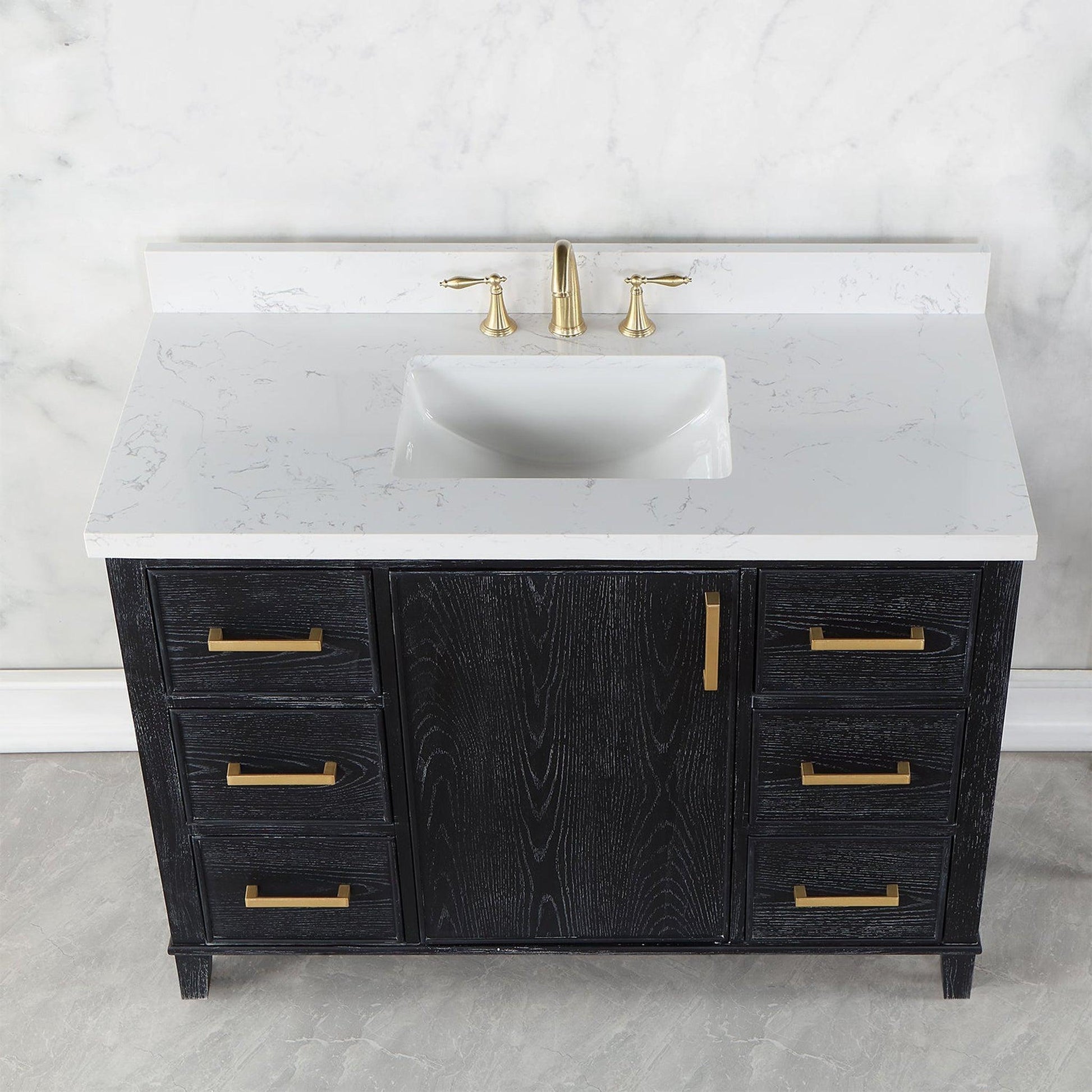 Altair Weiser 48" Black Oak Freestanding Single Bathroom Vanity Set With Aosta White Composite Stone Top, Single Rectangular Undermount Ceramic Sink, Overflow, and Backsplash