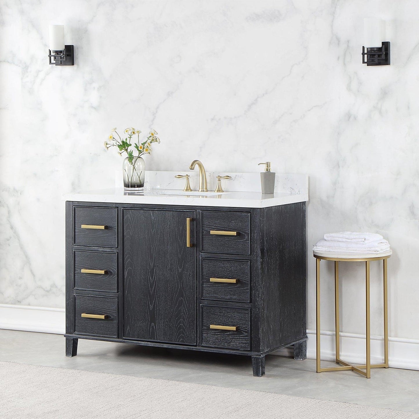 Altair Weiser 48" Black Oak Freestanding Single Bathroom Vanity Set With Aosta White Composite Stone Top, Single Rectangular Undermount Ceramic Sink, Overflow, and Backsplash