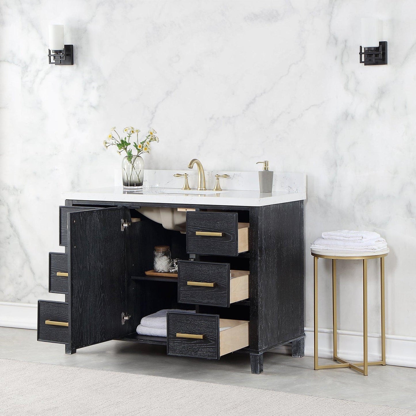 Altair Weiser 48" Black Oak Freestanding Single Bathroom Vanity Set With Aosta White Composite Stone Top, Single Rectangular Undermount Ceramic Sink, Overflow, and Backsplash