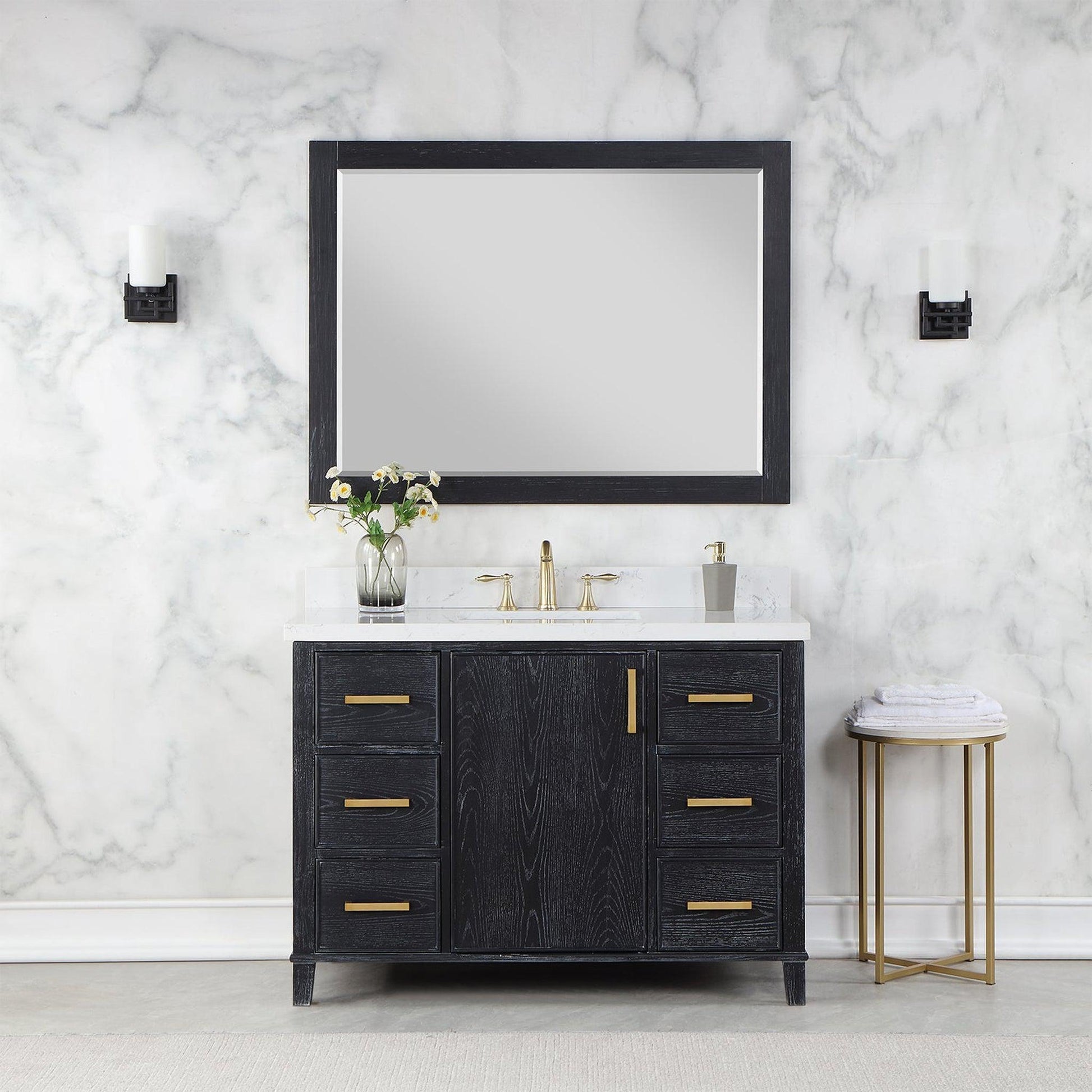 Altair Weiser 48" Black Oak Freestanding Single Bathroom Vanity Set With Mirror, Aosta White Composite Stone Top, Single Rectangular Undermount Ceramic Sink, Overflow, and Backsplash