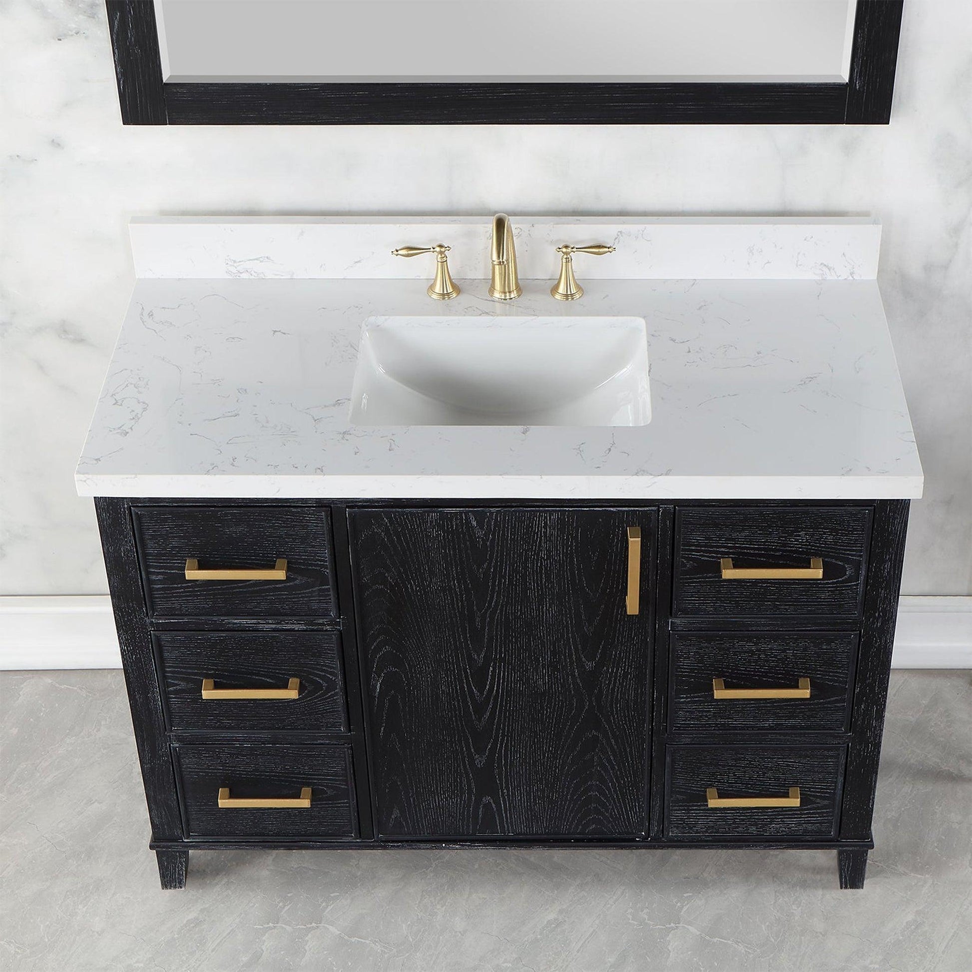 Altair Weiser 48" Black Oak Freestanding Single Bathroom Vanity Set With Mirror, Aosta White Composite Stone Top, Single Rectangular Undermount Ceramic Sink, Overflow, and Backsplash