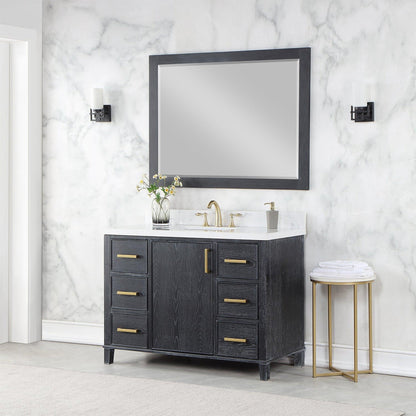 Altair Weiser 48" Black Oak Freestanding Single Bathroom Vanity Set With Mirror, Aosta White Composite Stone Top, Single Rectangular Undermount Ceramic Sink, Overflow, and Backsplash