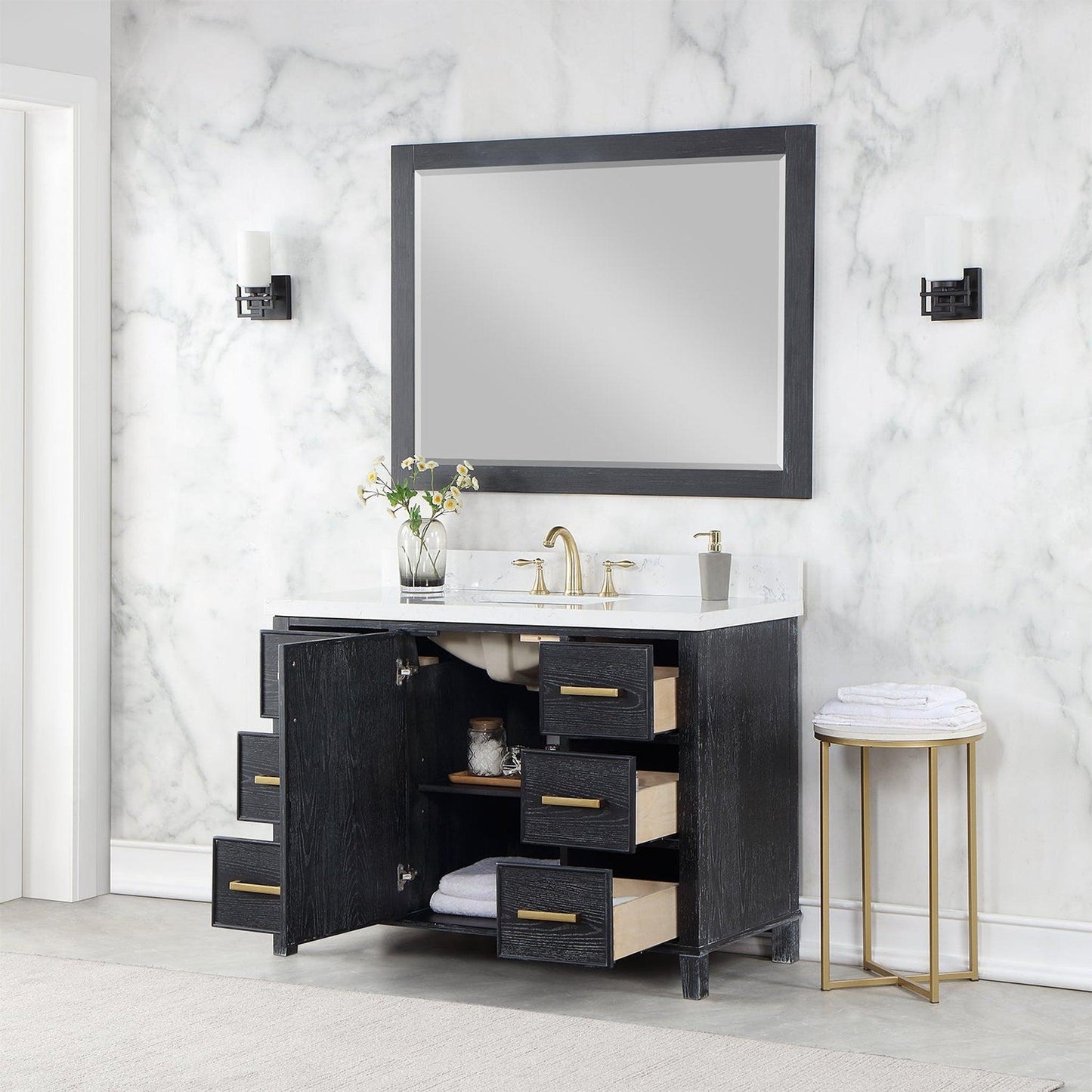 Altair Weiser 48" Black Oak Freestanding Single Bathroom Vanity Set With Mirror, Aosta White Composite Stone Top, Single Rectangular Undermount Ceramic Sink, Overflow, and Backsplash