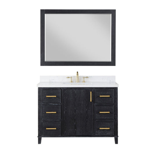 Altair Weiser 48" Black Oak Freestanding Single Bathroom Vanity Set With Mirror, Aosta White Composite Stone Top, Single Rectangular Undermount Ceramic Sink, Overflow, and Backsplash