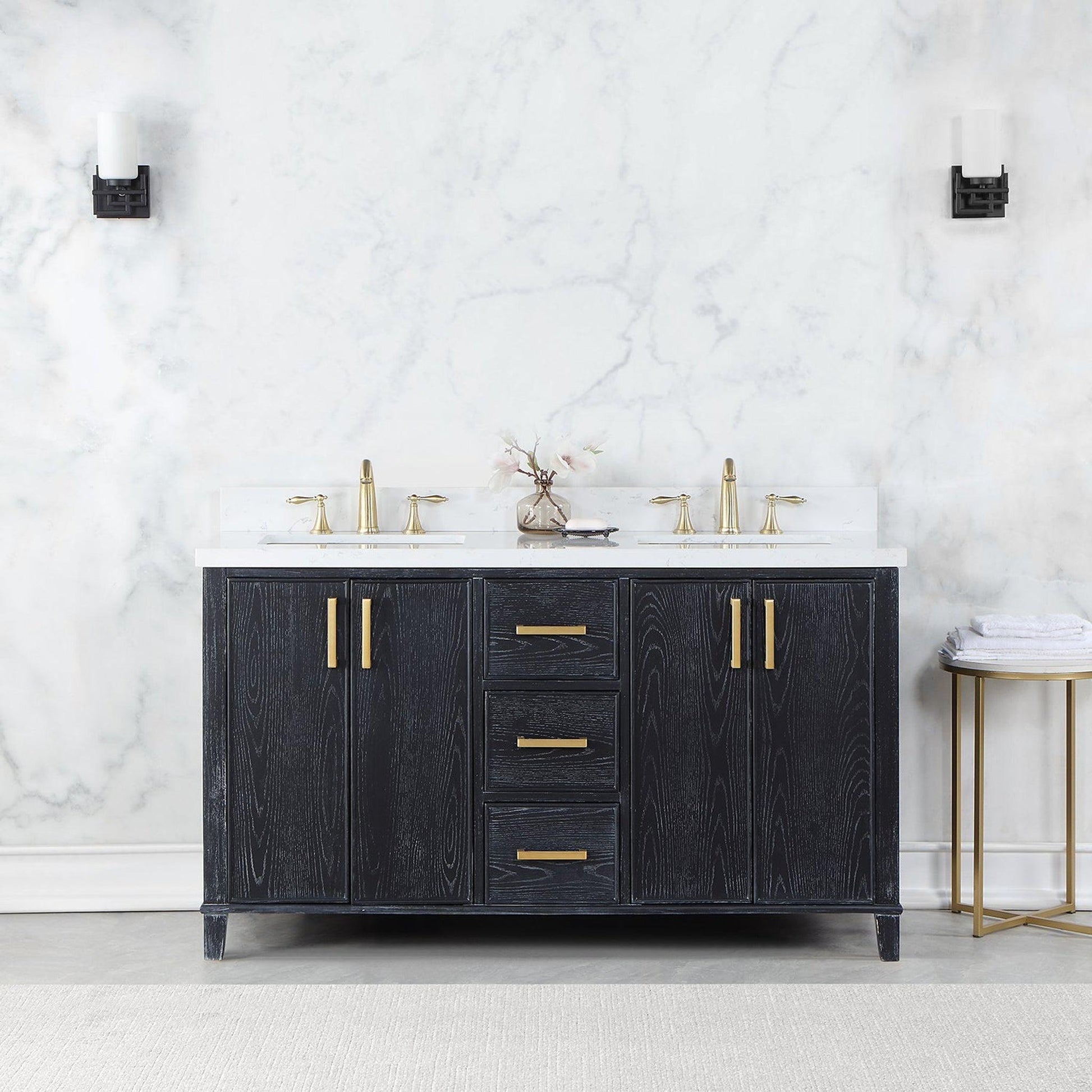 Altair Weiser 60" Black Oak Freestanding Double Bathroom Vanity Set With Aosta White Composite Stone Top, Double Rectangular Undermount Ceramic Sinks, Overflow, and Backsplash