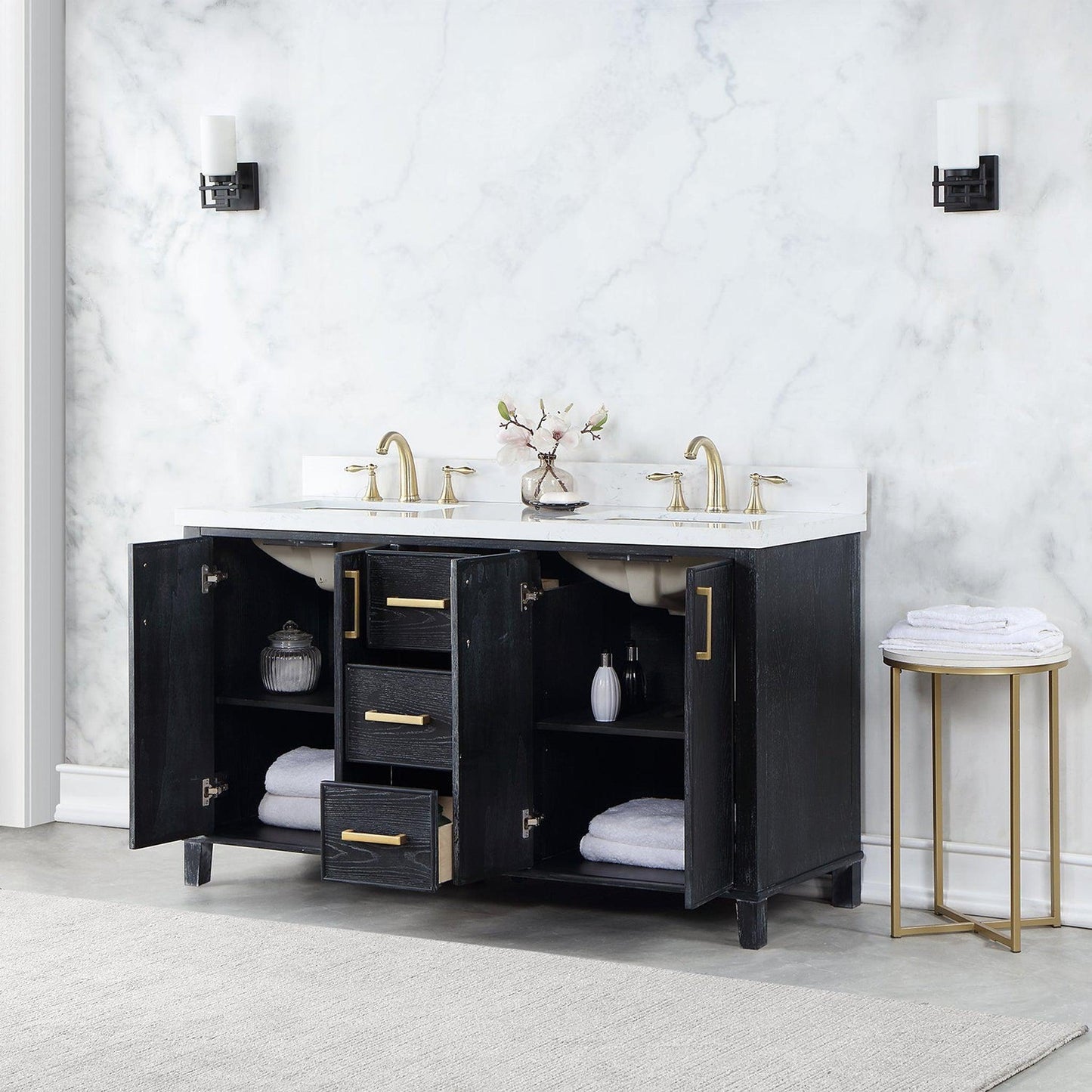 Altair Weiser 60" Black Oak Freestanding Double Bathroom Vanity Set With Aosta White Composite Stone Top, Double Rectangular Undermount Ceramic Sinks, Overflow, and Backsplash