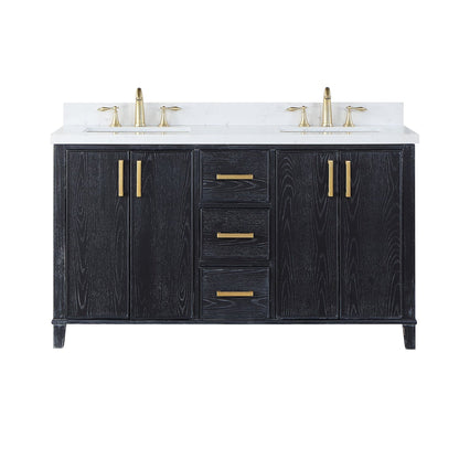 Altair Weiser 60" Black Oak Freestanding Double Bathroom Vanity Set With Aosta White Composite Stone Top, Double Rectangular Undermount Ceramic Sinks, Overflow, and Backsplash