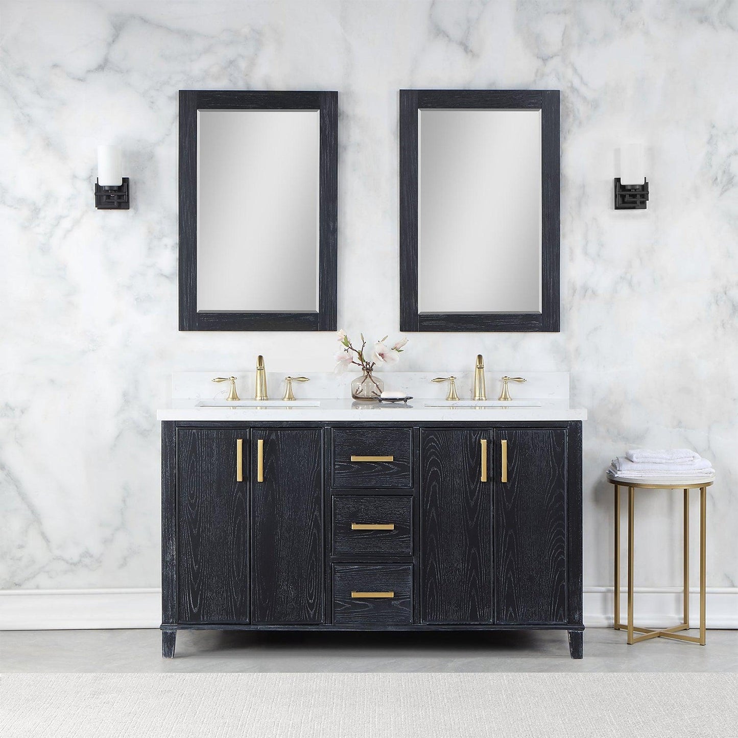 Altair Weiser 60" Black Oak Freestanding Double Bathroom Vanity Set With Mirror, Aosta White Composite Stone Top, Double Rectangular Undermount Ceramic Sinks, Overflow, and Backsplash