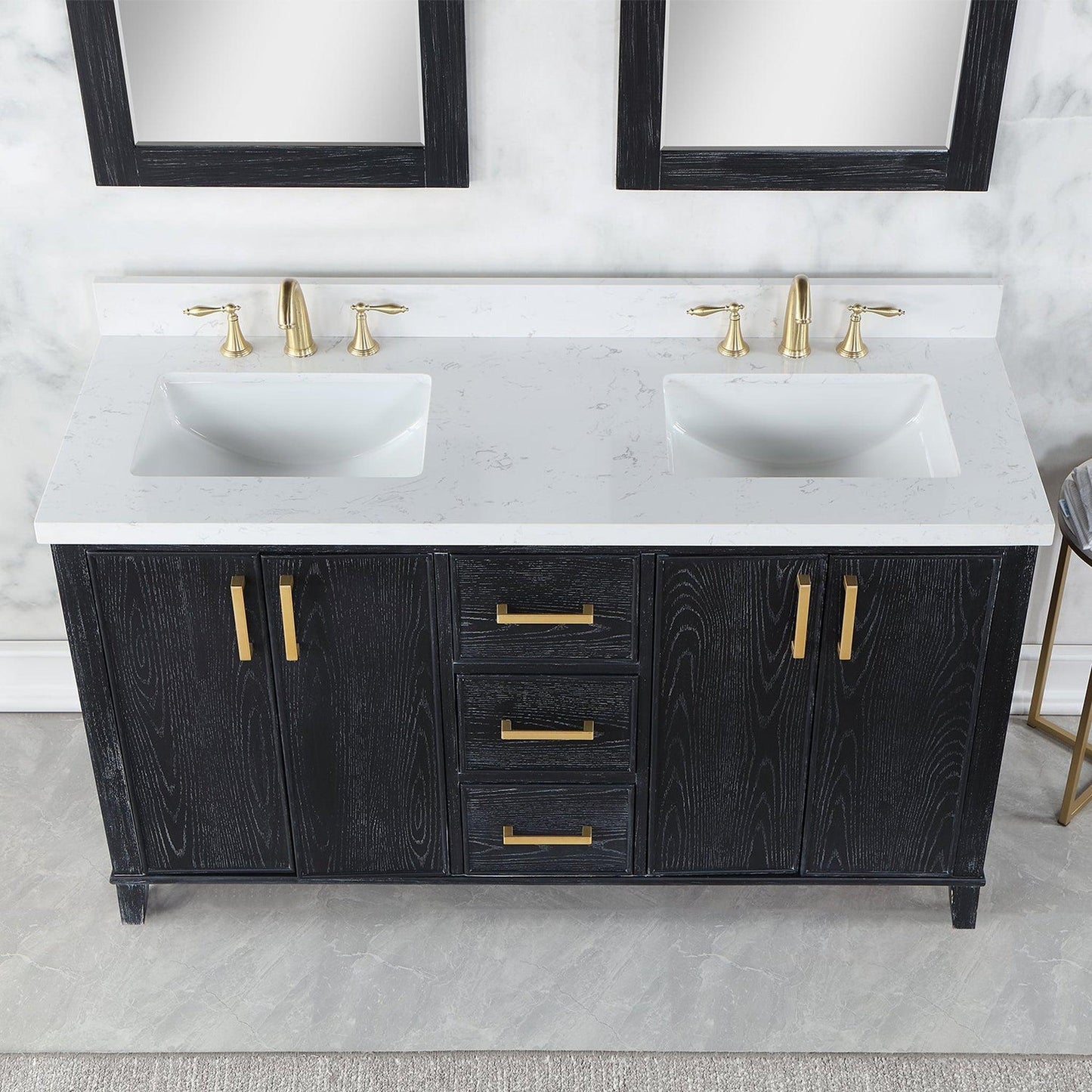 Altair Weiser 60" Black Oak Freestanding Double Bathroom Vanity Set With Mirror, Aosta White Composite Stone Top, Double Rectangular Undermount Ceramic Sinks, Overflow, and Backsplash