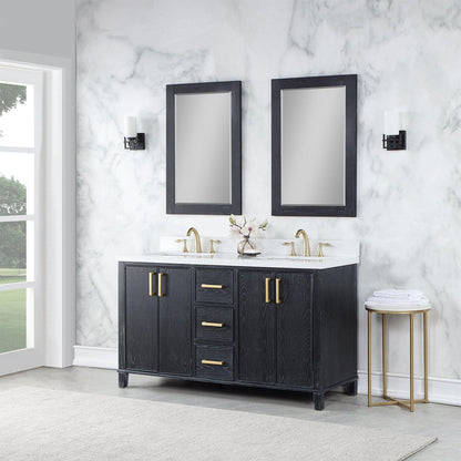 Altair Weiser 60" Black Oak Freestanding Double Bathroom Vanity Set With Mirror, Aosta White Composite Stone Top, Double Rectangular Undermount Ceramic Sinks, Overflow, and Backsplash