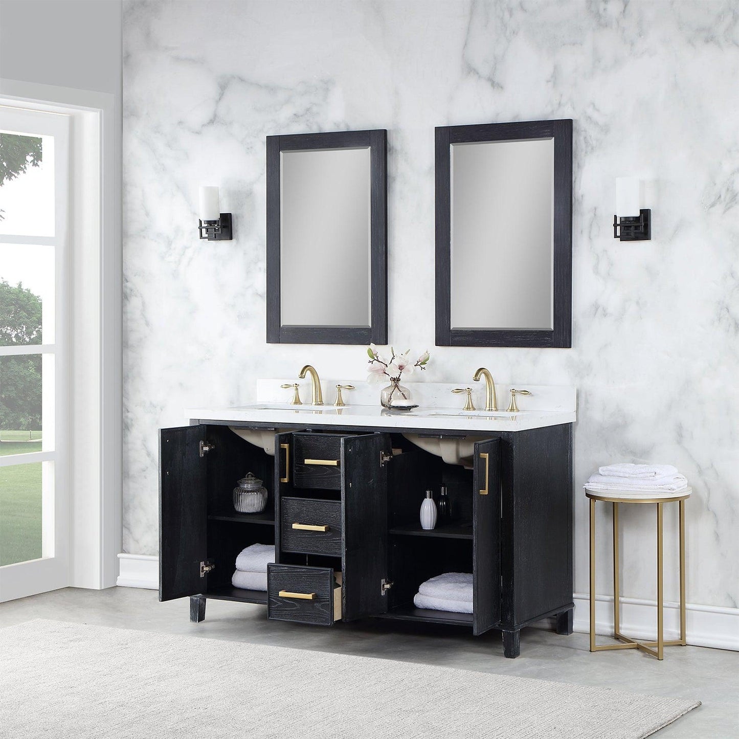 Altair Weiser 60" Black Oak Freestanding Double Bathroom Vanity Set With Mirror, Aosta White Composite Stone Top, Double Rectangular Undermount Ceramic Sinks, Overflow, and Backsplash