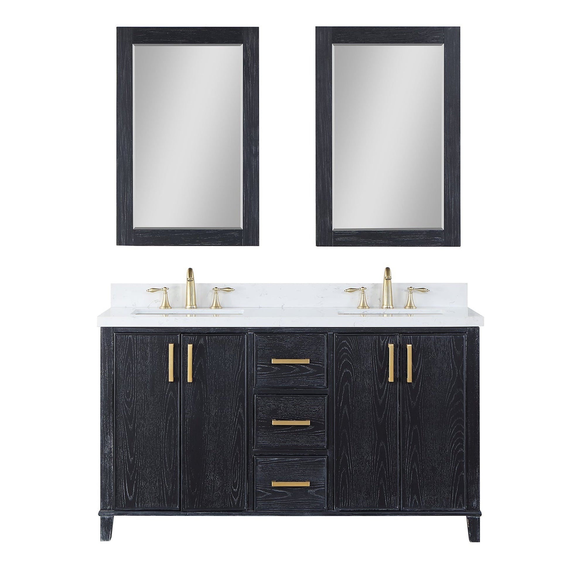 Altair Weiser 60" Black Oak Freestanding Double Bathroom Vanity Set With Mirror, Aosta White Composite Stone Top, Double Rectangular Undermount Ceramic Sinks, Overflow, and Backsplash