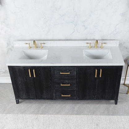 Altair Weiser 72" Black Oak Freestanding Double Bathroom Vanity Set With Aosta White Composite Stone Top, Double Rectangular Undermount Ceramic Sinks, Overflow, and Backsplash