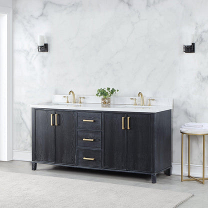 Altair Weiser 72" Black Oak Freestanding Double Bathroom Vanity Set With Aosta White Composite Stone Top, Double Rectangular Undermount Ceramic Sinks, Overflow, and Backsplash