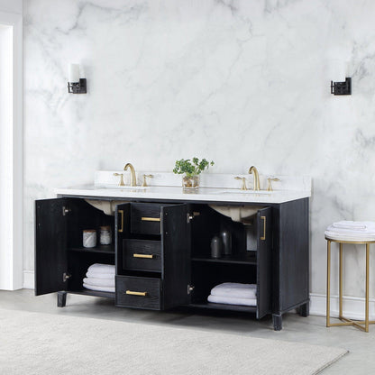 Altair Weiser 72" Black Oak Freestanding Double Bathroom Vanity Set With Aosta White Composite Stone Top, Double Rectangular Undermount Ceramic Sinks, Overflow, and Backsplash