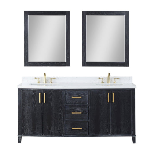 Altair Weiser 72" Black Oak Freestanding Double Bathroom Vanity Set With Mirror, Aosta White Composite Stone Top, Double Rectangular Undermount Ceramic Sinks, Overflow, and Backsplash