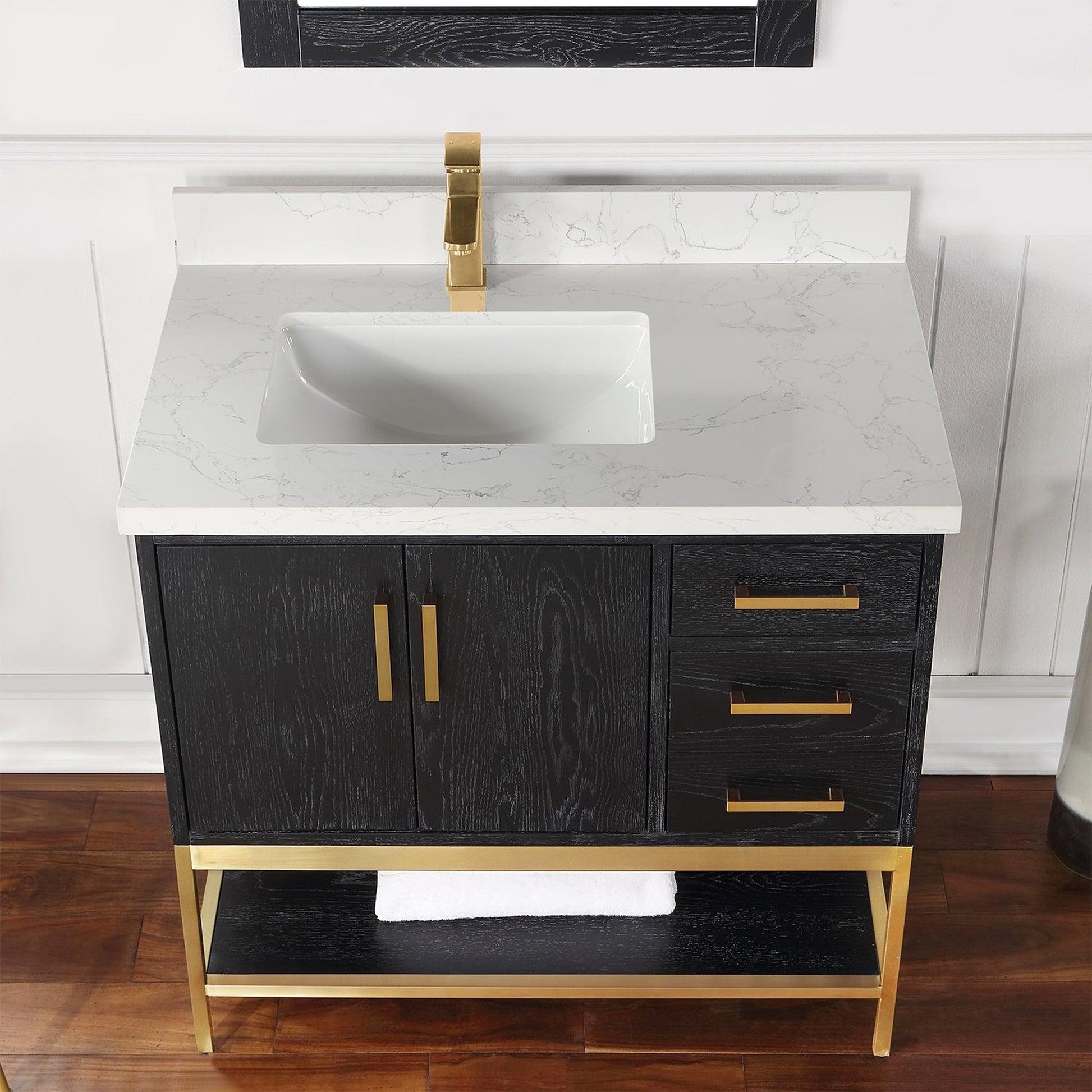 Altair Wildy 36" Black Oak Freestanding Single Bathroom Vanity Set With Mirror, Stylish Composite Grain White Stone Top, Rectangular Undermount Ceramic Sink, Overflow, and Backsplash