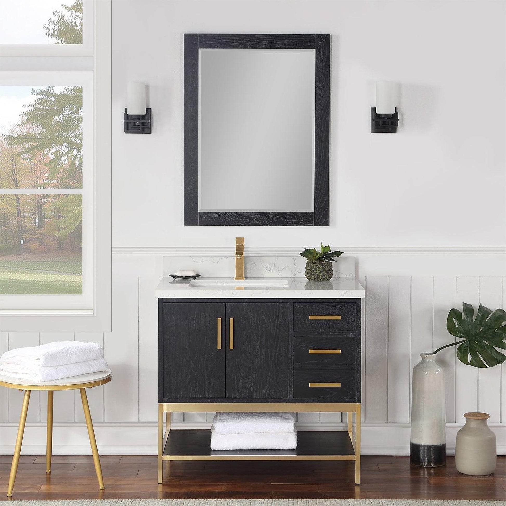 Altair Wildy 36" Black Oak Freestanding Single Bathroom Vanity Set With Mirror, Stylish Composite Grain White Stone Top, Rectangular Undermount Ceramic Sink, Overflow, and Backsplash