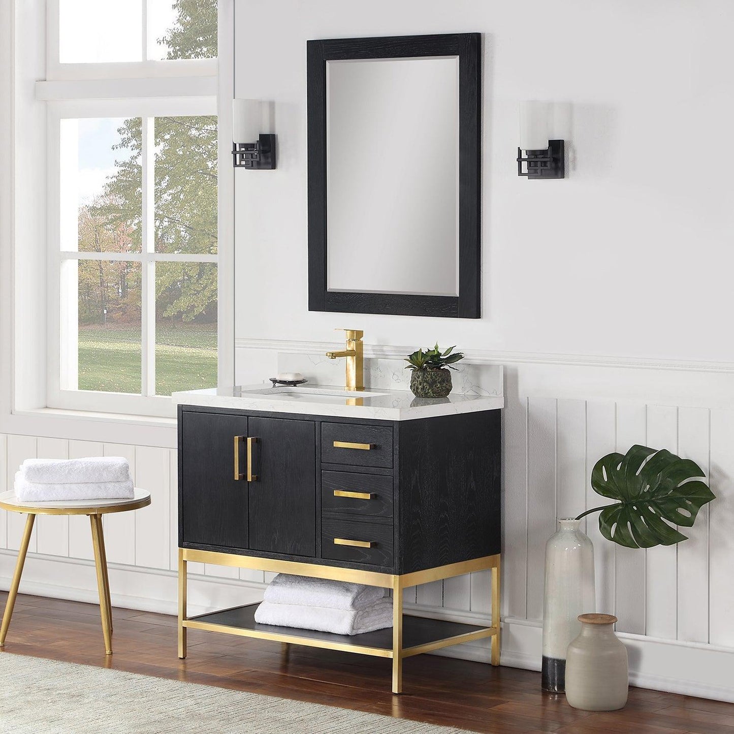 Altair Wildy 36" Black Oak Freestanding Single Bathroom Vanity Set With Mirror, Stylish Composite Grain White Stone Top, Rectangular Undermount Ceramic Sink, Overflow, and Backsplash