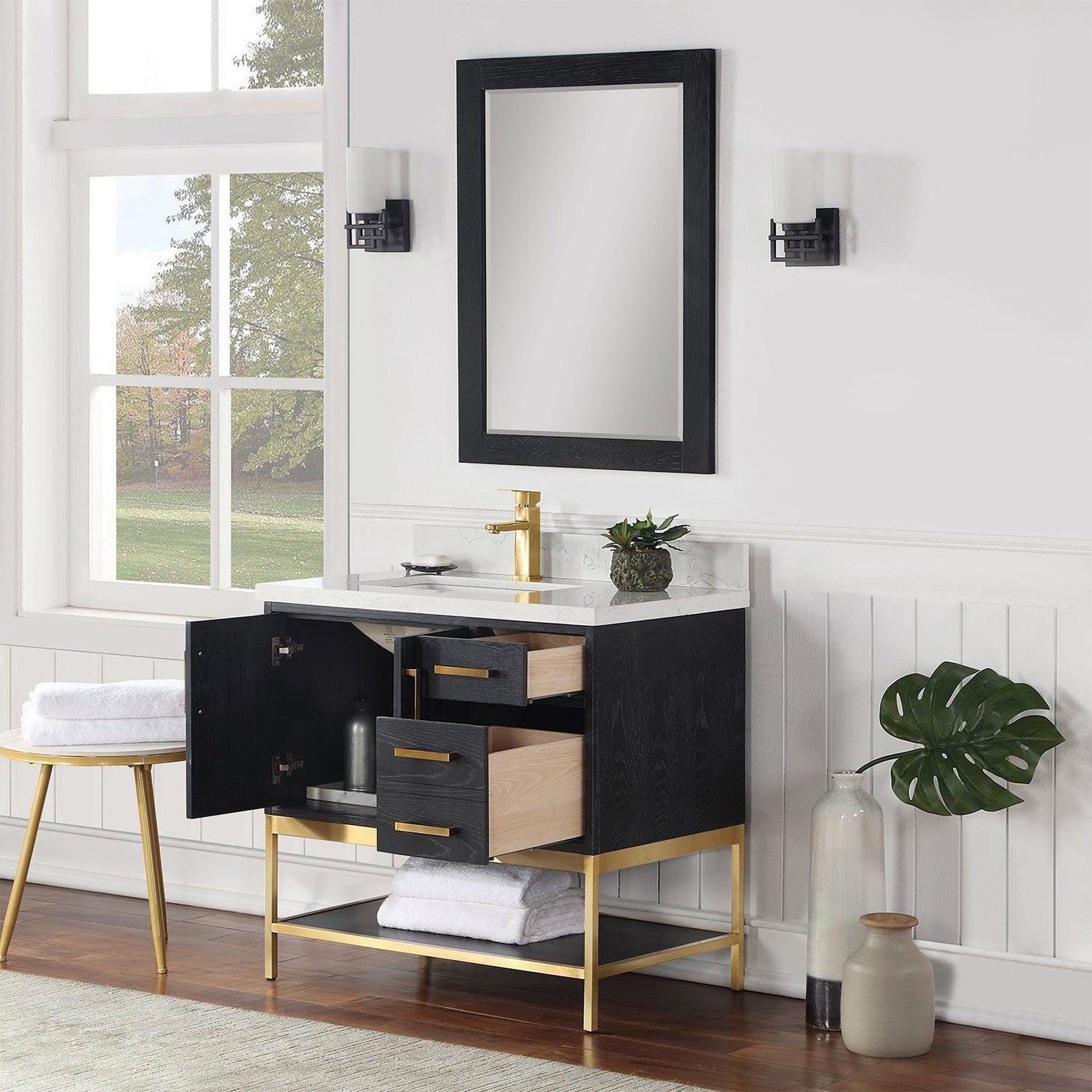 Altair Wildy 36" Black Oak Freestanding Single Bathroom Vanity Set With Mirror, Stylish Composite Grain White Stone Top, Rectangular Undermount Ceramic Sink, Overflow, and Backsplash