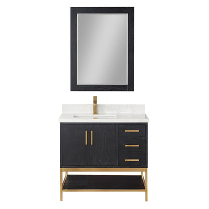 Altair Wildy 36" Black Oak Freestanding Single Bathroom Vanity Set With Mirror, Stylish Composite Grain White Stone Top, Rectangular Undermount Ceramic Sink, Overflow, and Backsplash