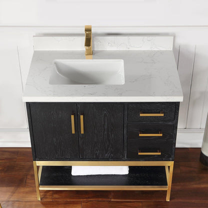Altair Wildy 36" Black Oak Freestanding Single Bathroom Vanity Set With Stylish Composite Grain White Stone Top, Rectangular Undermount Ceramic Sink, Overflow, and Backsplash